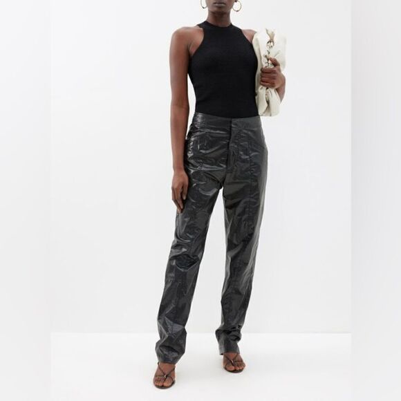 Isabel Marant Anea Coated Cotton Black Pants Trousers Straight Leg Size M - Picture 6 of 16